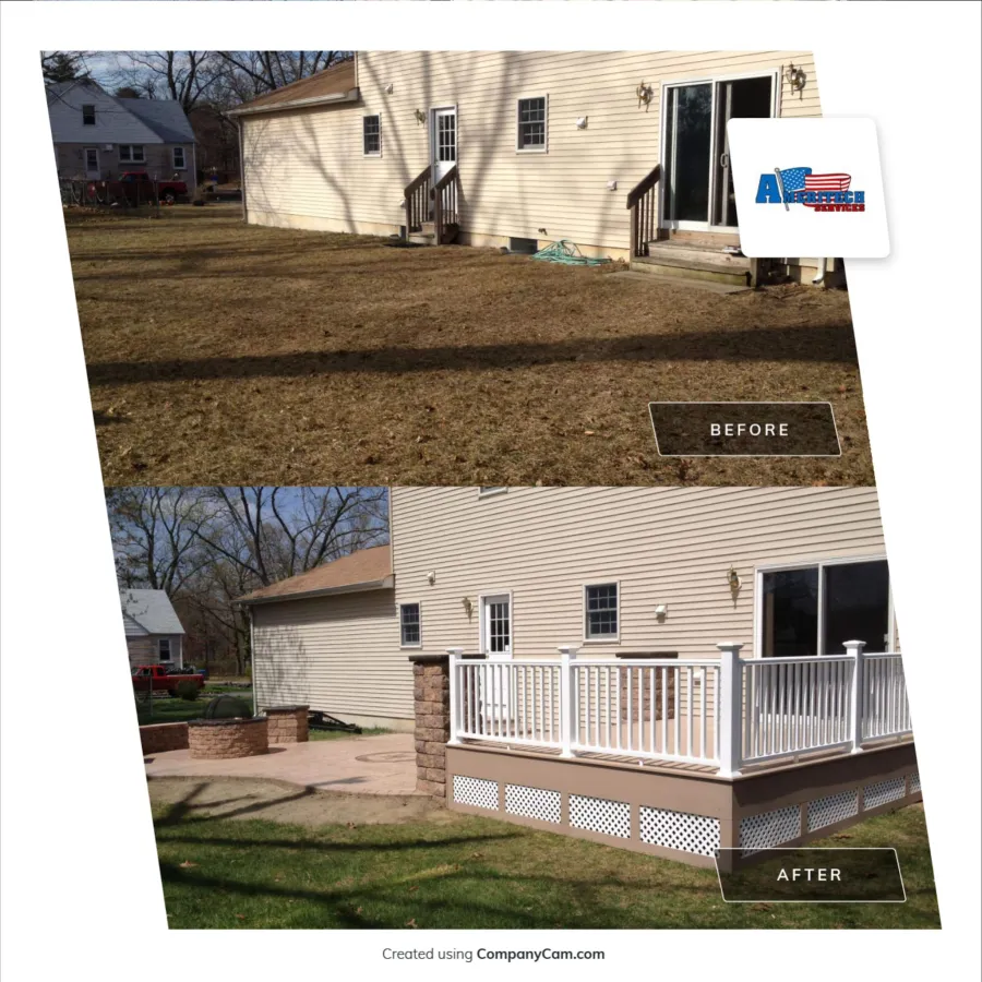 new brown composite deck stamped concrete patio fire pit before and after