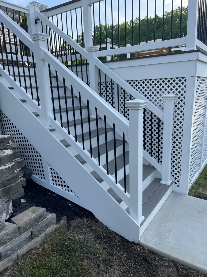 new composite gray deck with white railings black spindles white lattice mullica hill new jersey