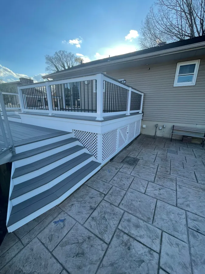 new gray compostie deck white railing black spindles above ground pool deptford new jersey