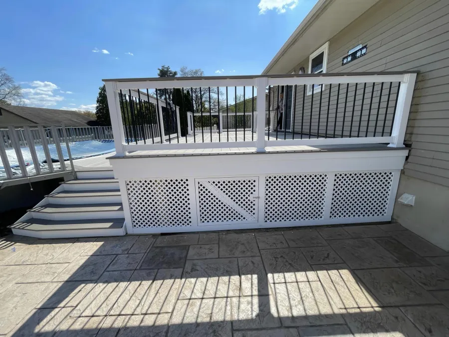 new gray compostie deck white railing black spindles deptford new jersey above ground pool steps