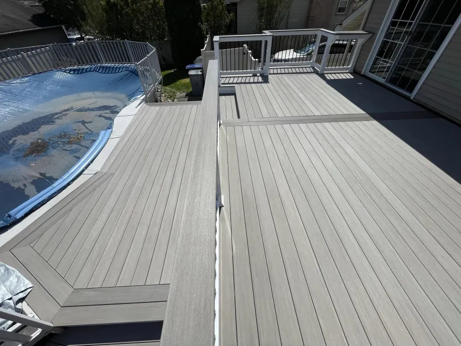 new gray compostie deck white railing black spindles deptford new jersey above ground pool