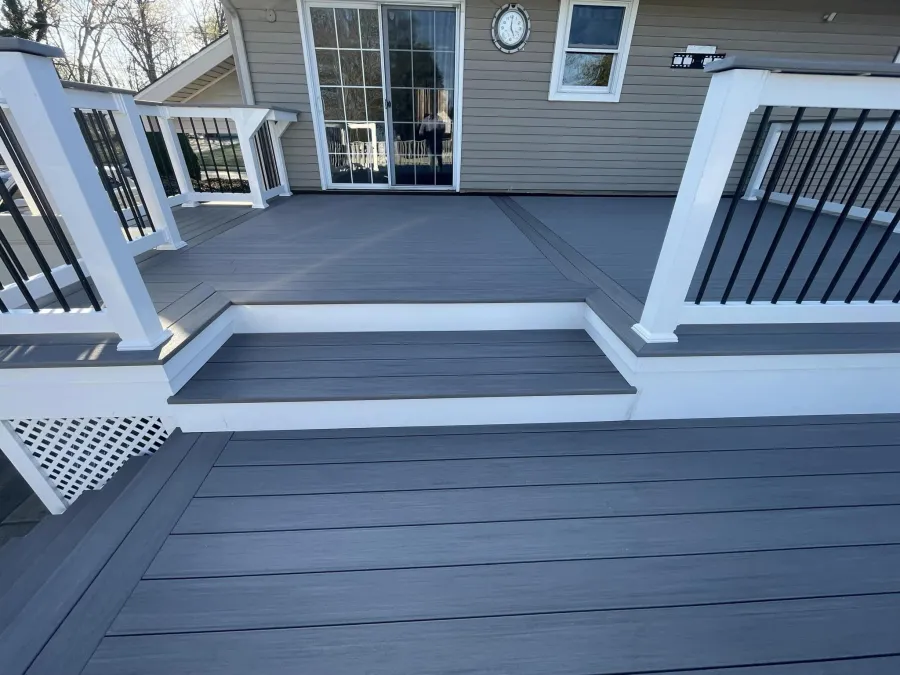 new gray compostie deck white railing black spindles deptford new jersey multi level