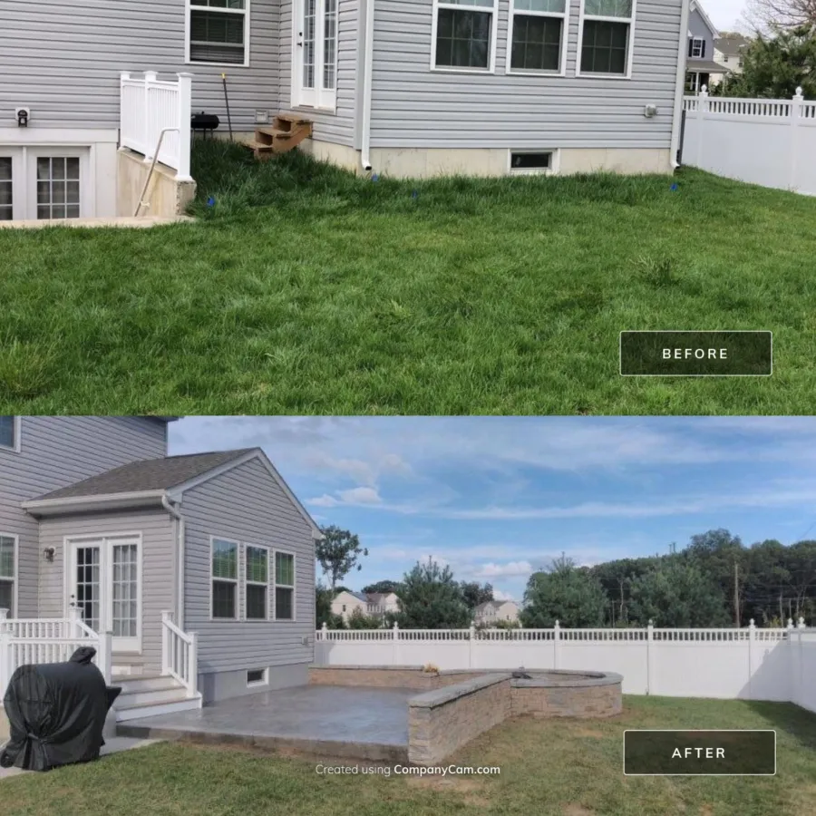 new small composite deck large stamped concrete patio fire pit before and after