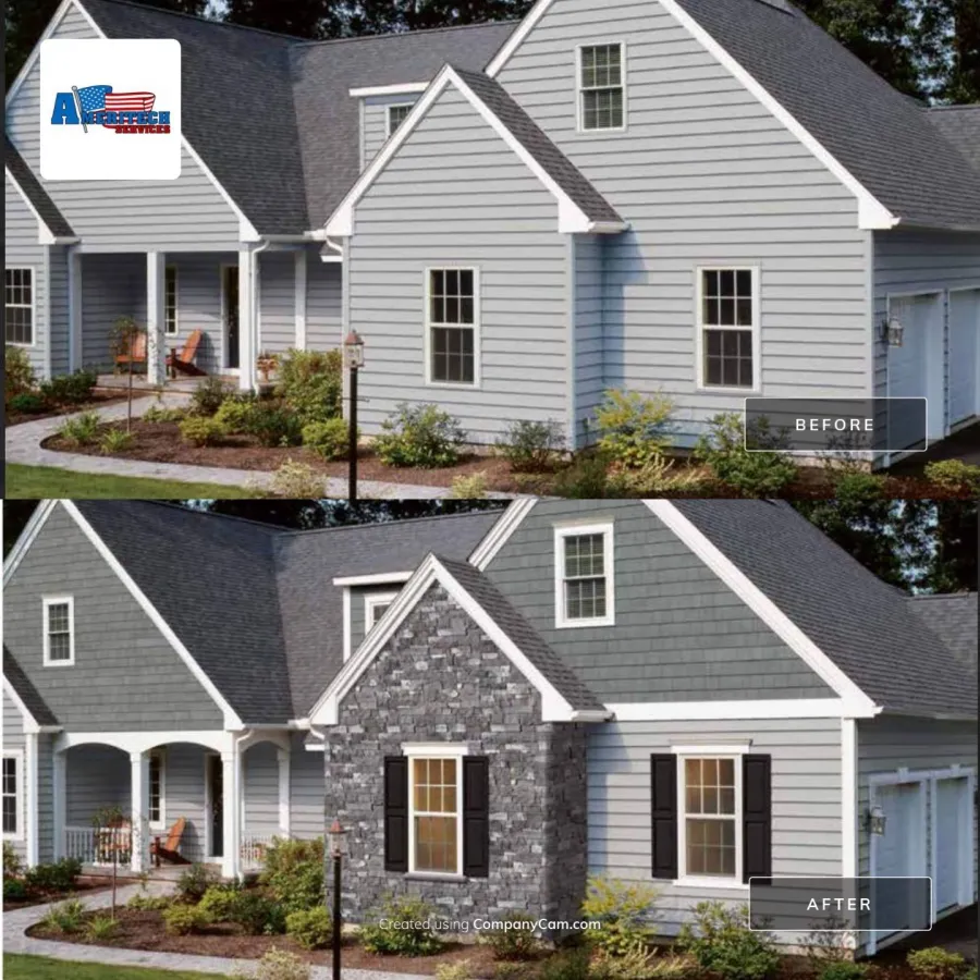 new siding black shutters stone work before and after
