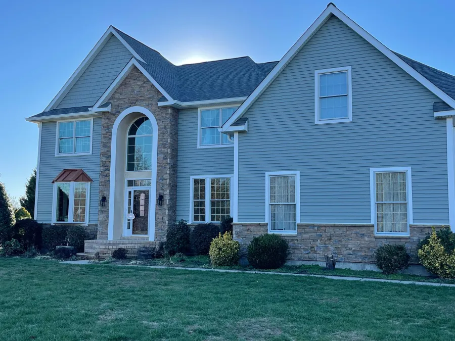 new vinyl siding light gray new roof replacement dark gray siding