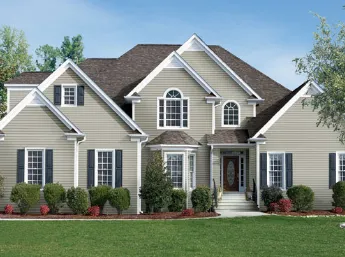 tan siding blue shutters window replacement