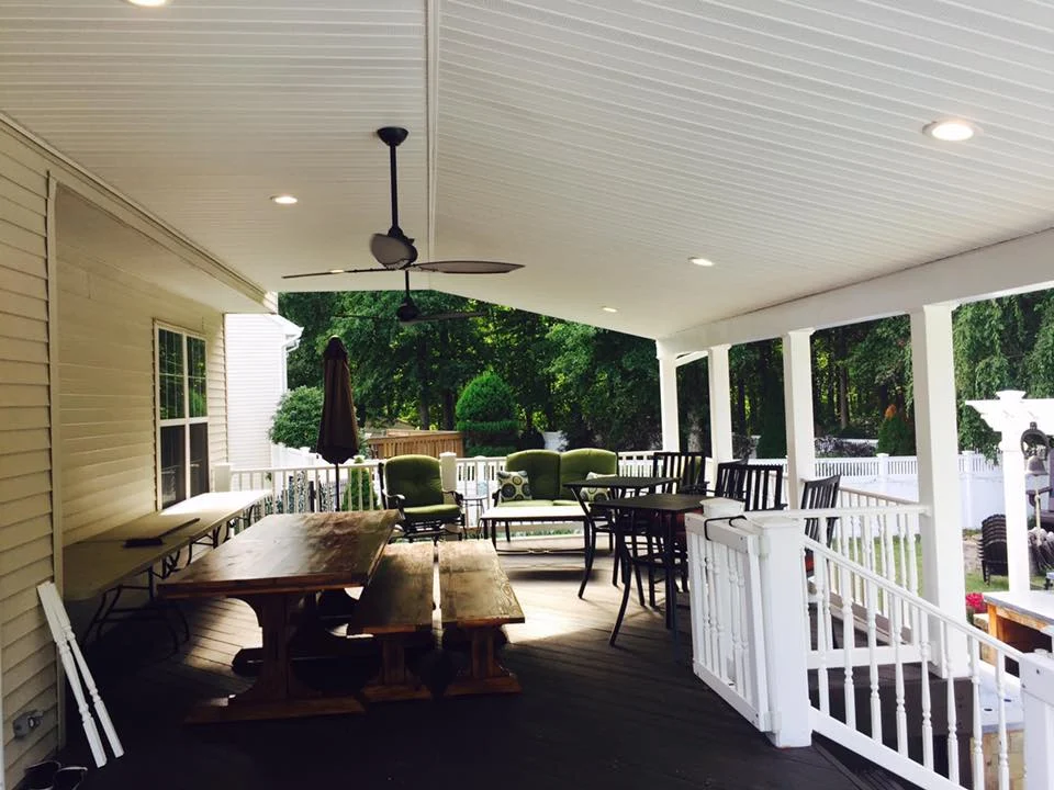 New Composite Deck Tan Decking White Lattice Covered Porch Lighting Fan