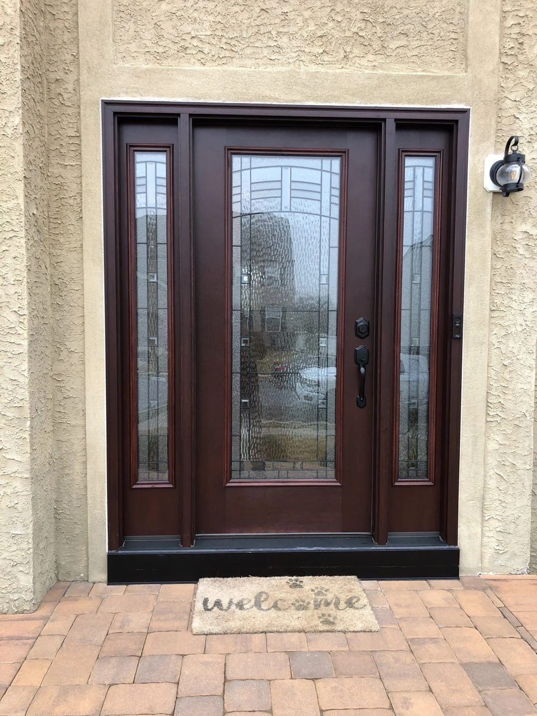 New Entry Door Replacement Single With Two Side Panels Chocolate Privacy Glass