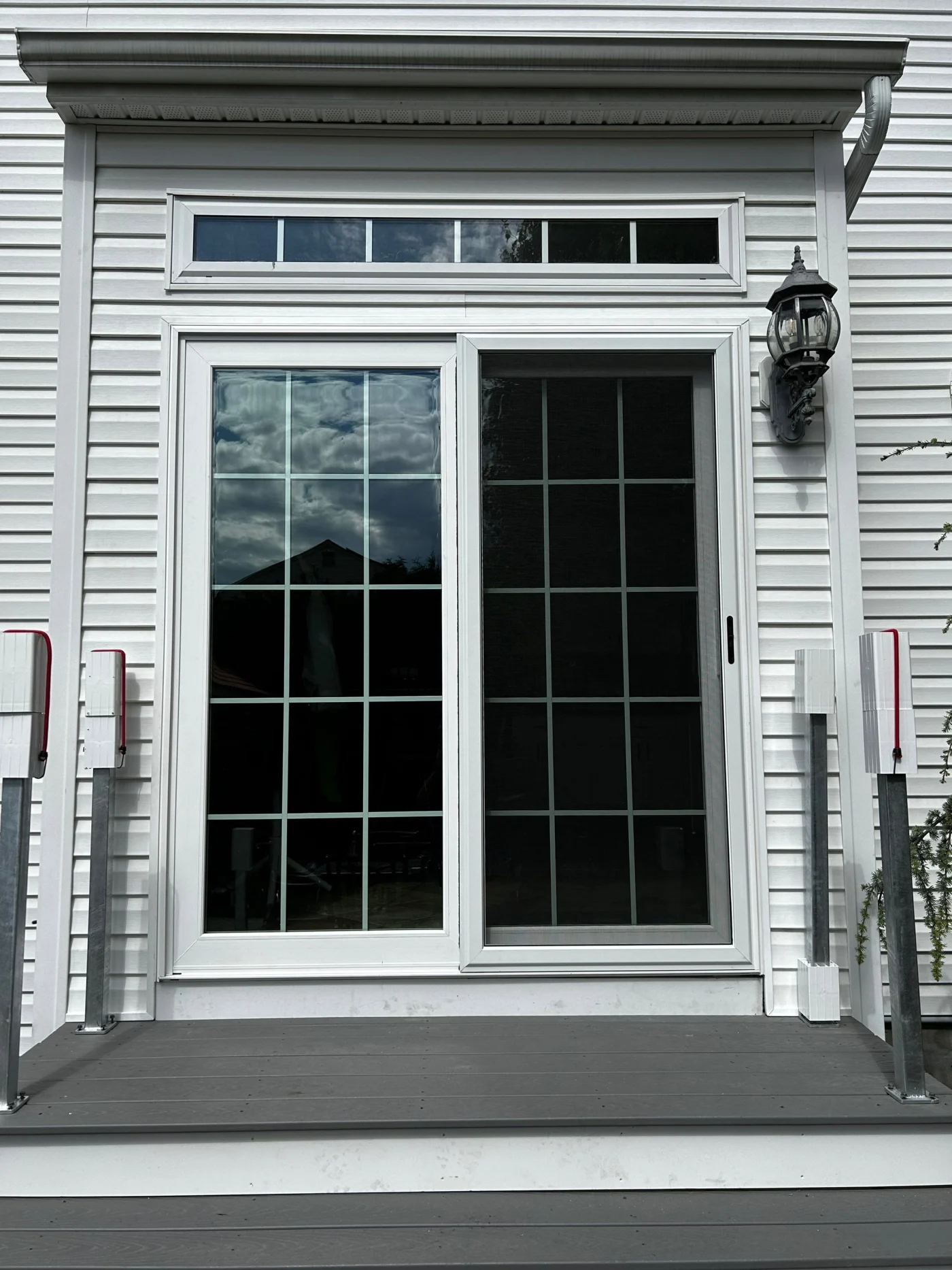 New White Back Door Slider With Grids Transom