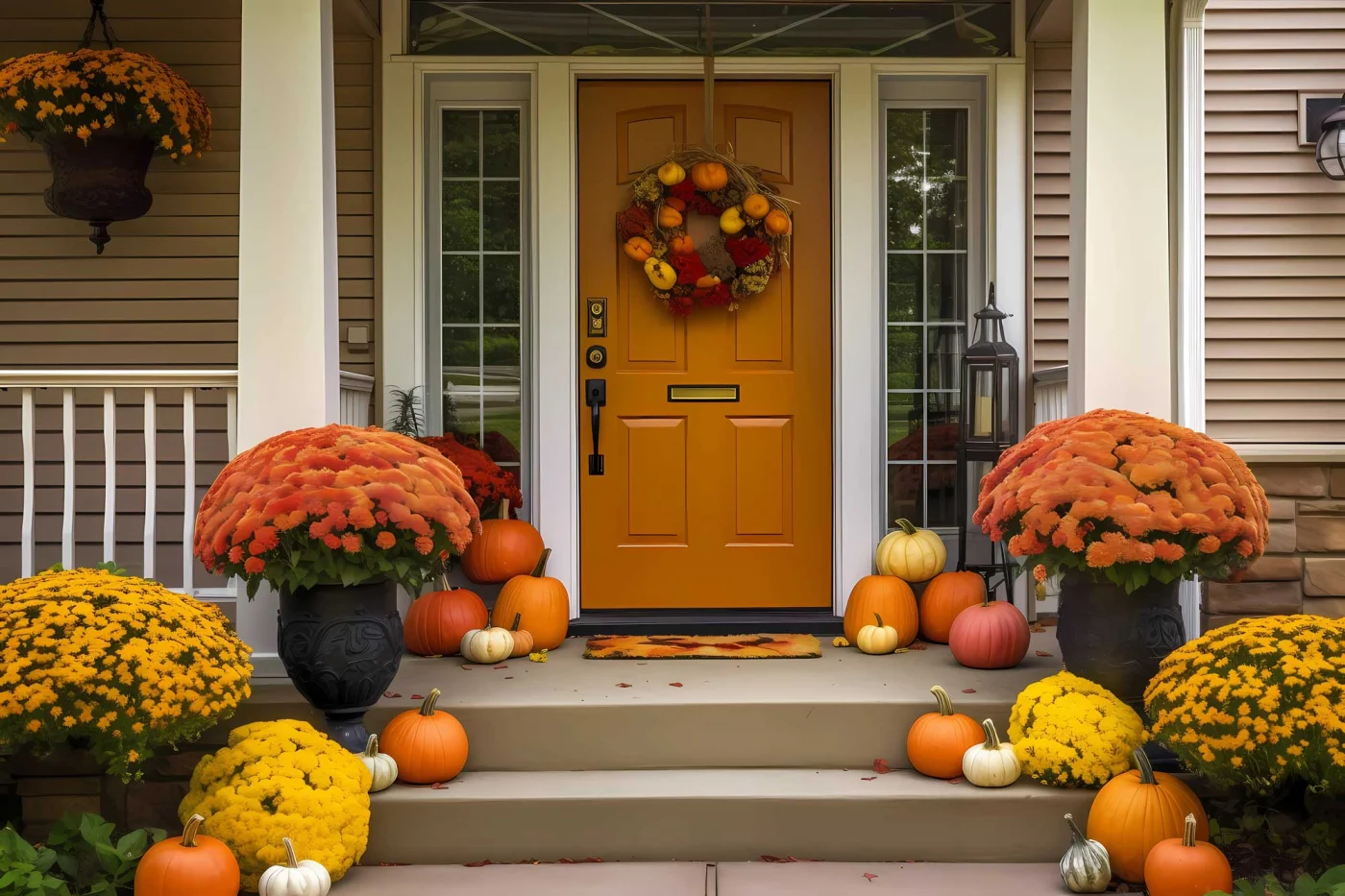 The front door to a residential home with pumpkins and flowers