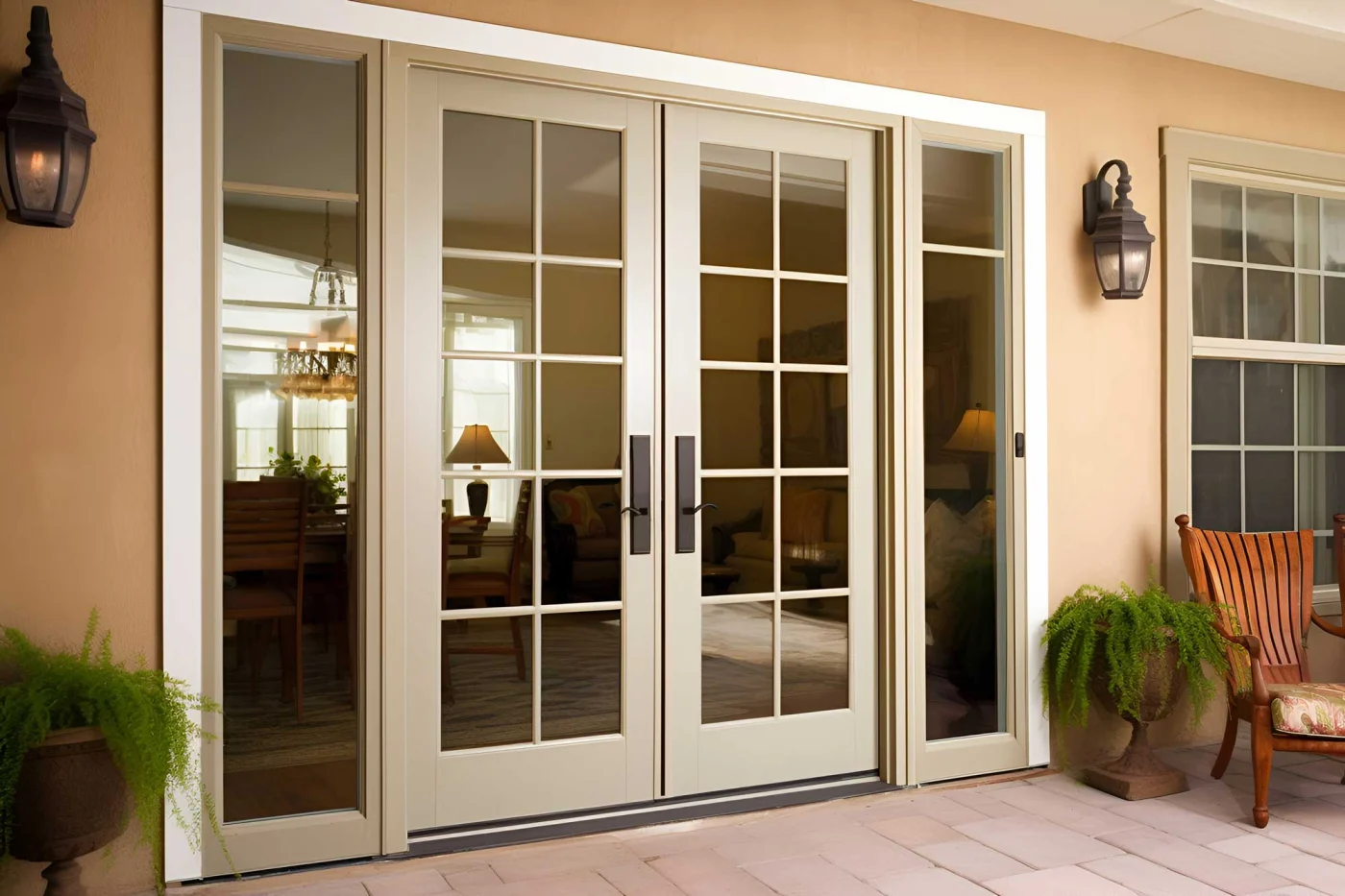 A white framed double door on the front of a home