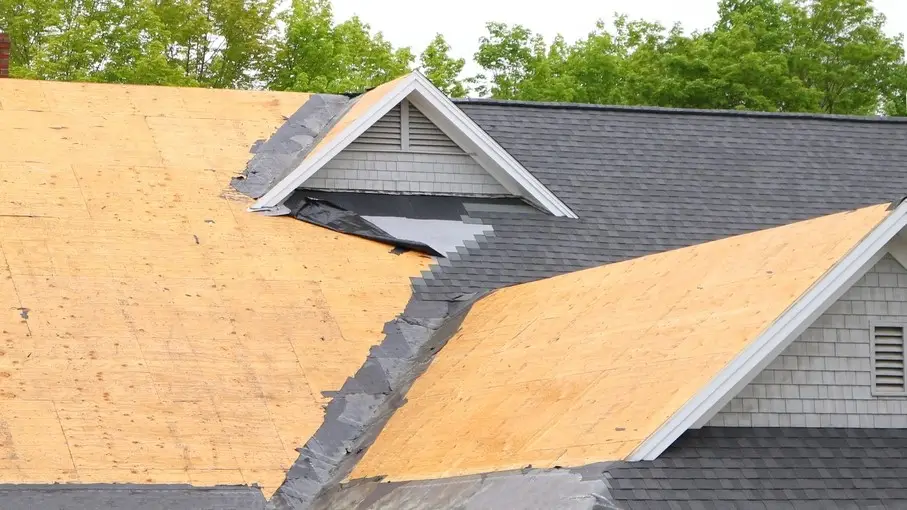 Shingles removed from half of a roof during a roof replacement in Deptford, NJ, by Ameritech Services