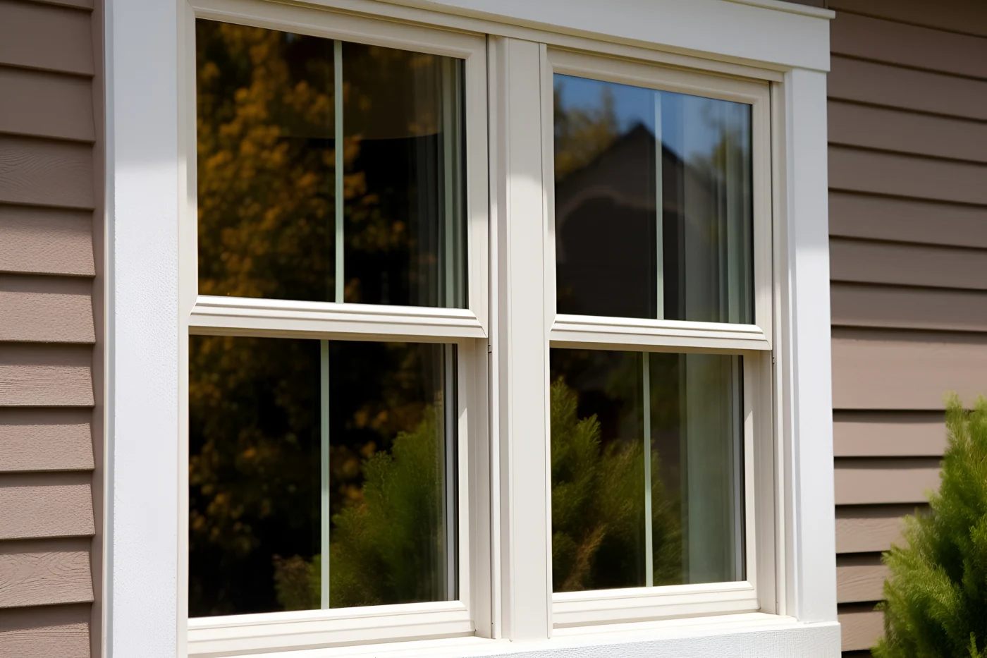 A tan home with recently replaced windows