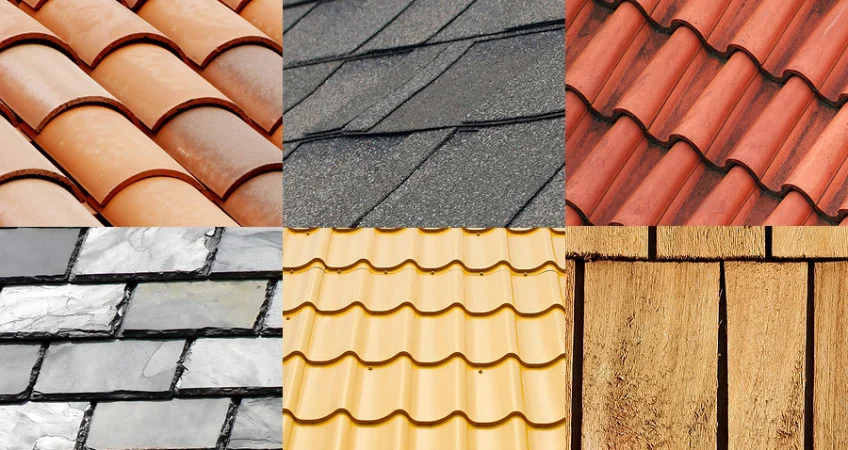 Materials Roofing 848x450 A collage of 6 types of roofing shingles, including asphalt shingles, wood shingles, and clay shingles. Installed by Ameritech services in South Jersey.