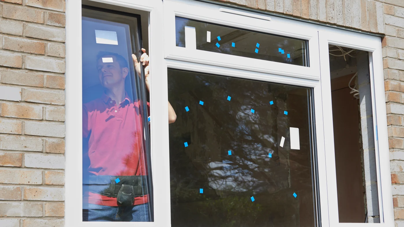 A home improvement contractor installs a replacement window in a brick home