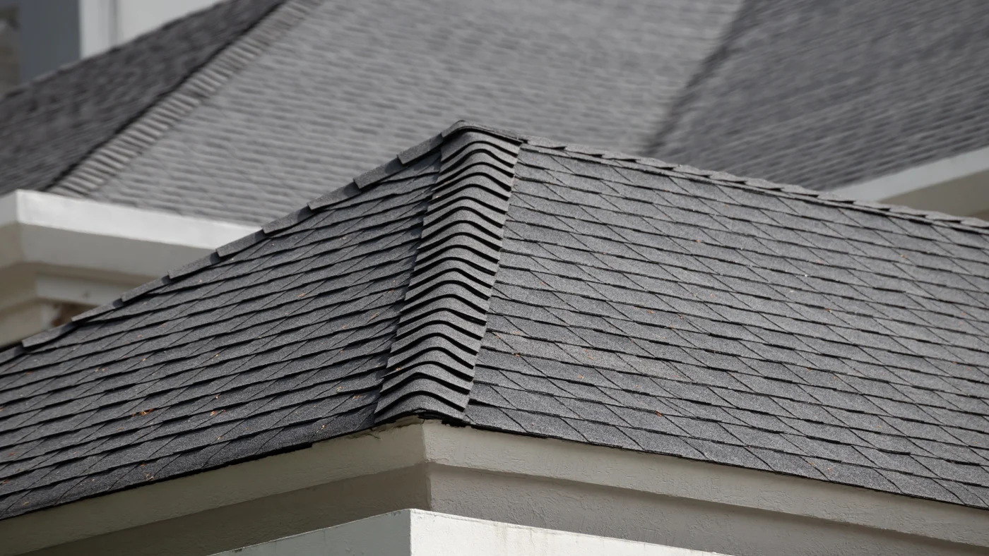 Closeup of a gray residential asphalt shingle roof