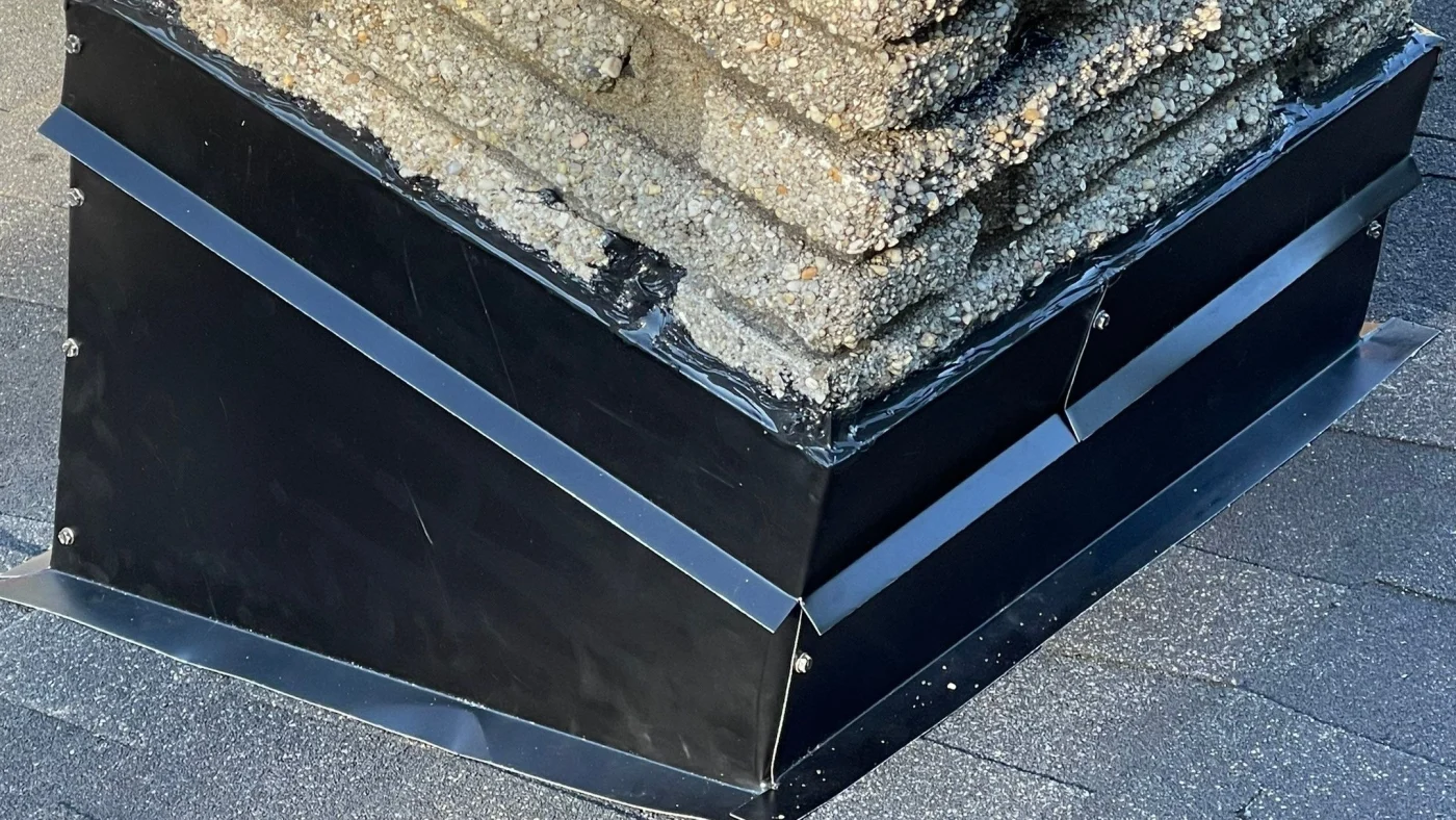 Closeup of newly installed flashing on a chimney