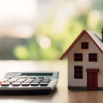 Small model of a house and a calculator on wood table