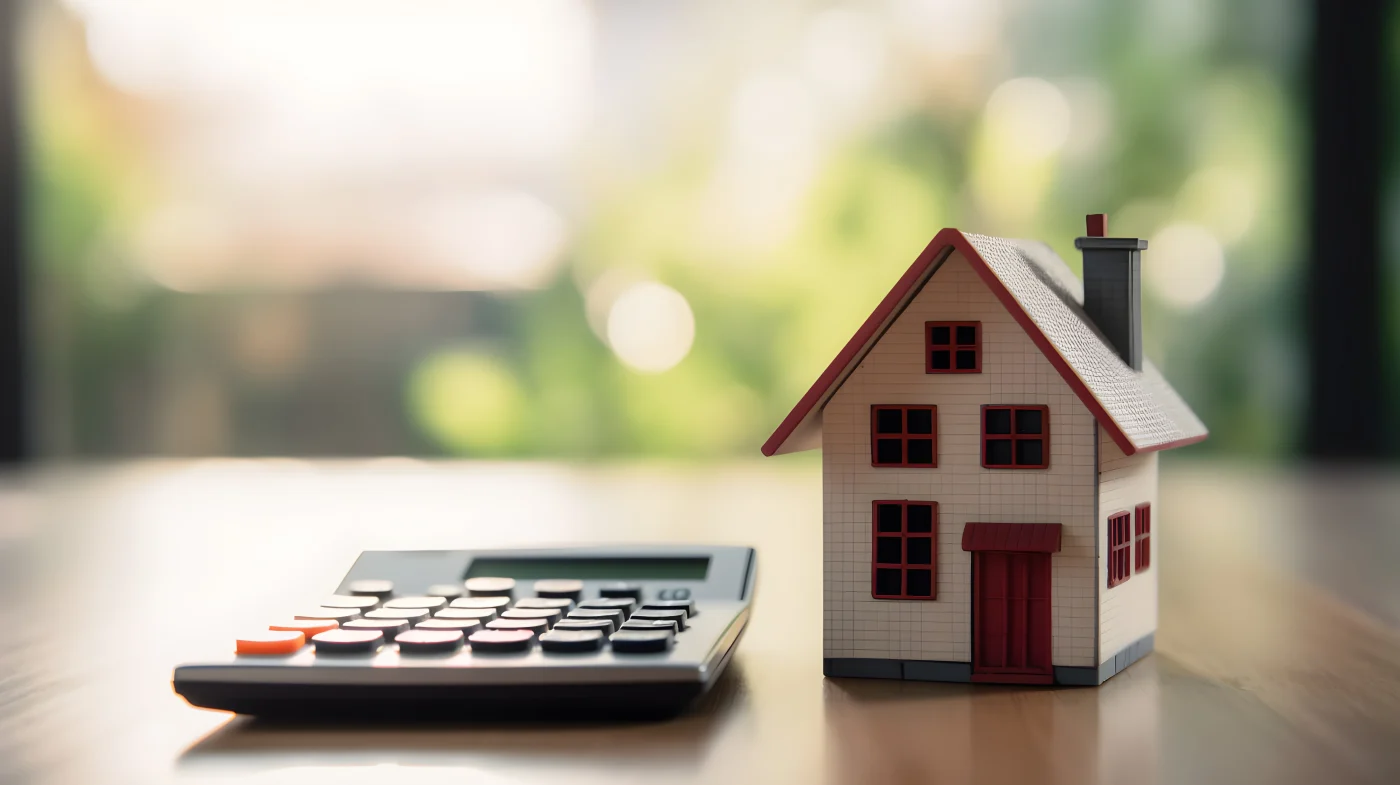 Small model of a house and a calculator on wood table