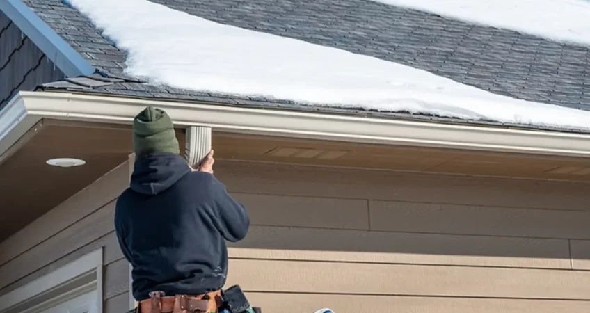 A person in a blue sweatshirt and green hat installing white gutters in a home with snow on the roof